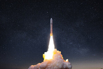 Fototapete - Rocket launch, ship. concept of business product on a market. Spaceship takes off into the starry sky with smoke and blast