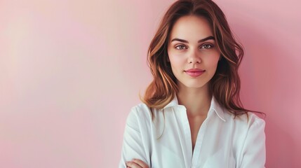 Wall Mural - An elegant portrait of a successful young businesswoman against a soft pastel pink background