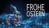Fototapeta  - Digital greetings. Futuristic Easter card concept with german text Happy Easter. Cute cyber Easter bunny