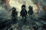 Three men on horses in a battle scene, generative ai