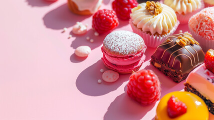 Variety of desserts on pink background, sweet food, chocolate, raspberry, candy