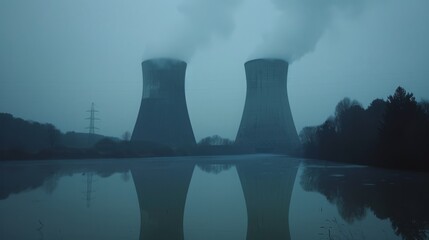 Smoke Stacks Rises From Cooling Towers of Power Plant