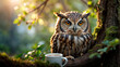Portrait of an owl on a tree with a mug of coffee