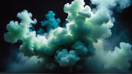 Beautiful midnight blue to forest green color abstract light background with cloudy puffs of smoke with dramatic backlighting backdrop on plain black from Generative AI