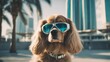 Generative AI. vaporwave cocker spaniel dog in dubai, wearing goggles, shades. stylish and premium dog. Art for dog lovers.