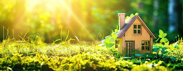 House in forest with greenery around, modern energy efficiency construction