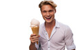 Young handsome blonde man on isolated chroma key background with a cornet ice cream