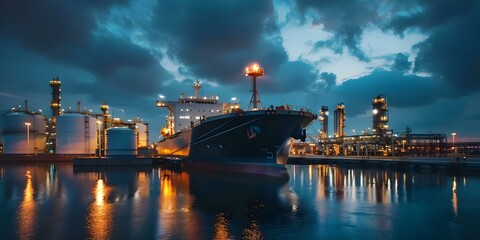 lng tanker docked at a gas terminal with storage tanks oil gas lpg and chemicals are transported. co