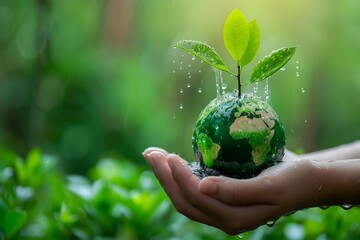 Human Hand Holding a Small Growing Plant over a Miniature Globe with Water Droplets Symbolizing Environmental Care and Sustainability