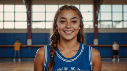 Poster - Young beautiful female senior high athlete on pink jersey uniform portrait image on basketball court gym background smiling looking at camera from Generative AI