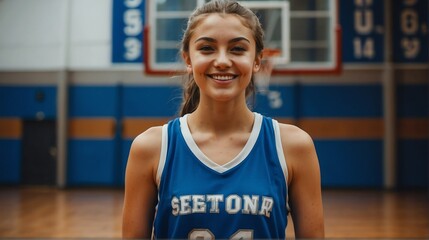 Wall Mural - Young beautiful female senior high athlete on pink jersey uniform portrait image on basketball court gym background smiling looking at camera from Generative AI