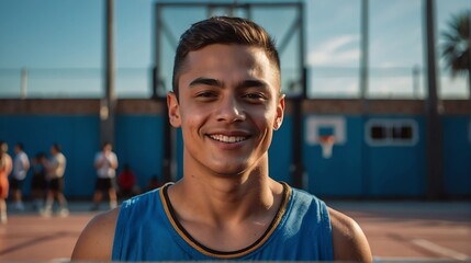 Poster - Young handsome athlete on blue jersey uniform portrait image on basketball court gym background smiling looking at camera from Generative AI