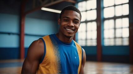 Poster - Young handsome male black african athlete on blue jersey uniform portrait image on basketball court gym background smiling looking at camera from Generative AI