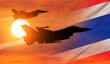 Warplane and National flag on sky background. Thailand holiday concept. 3d illustration.