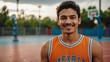 Young handsome male mexican hispanic athlete on colorful jersey uniform portrait image on basketball court gym background smiling looking at camera from Generative AI