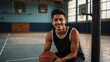 Young handsome male mexican hispanic athlete on black jersey uniform portrait image on basketball court gym background smiling looking at camera from Generative AI