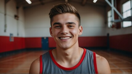 Wall Mural - Young handsome male senior high athlete on red jersey uniform portrait image on basketball court gym background smiling looking at camera from Generative AI