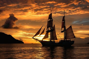 Sticker - A large sailboat is sailing on a calm sea at sunset