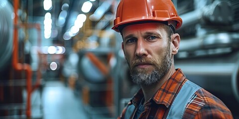 Wall Mural - Smiling engineer in an orange hard hat at an industrial workplace.