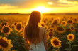 woman in a sunflower field at sunset in the style of fe e4dfb69b-e81f-4319-b205-7de58e2c35bb