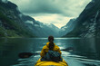 woman kayaking while looking at mountains in the style  3c8dd0a0-9ff0-4a79-8904-93f8bce4b86f