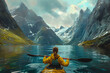 woman kayaking while looking at mountains in the style  ab78faf2-dc21-4d68-85cf-08537010de5d