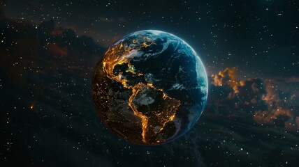 Nightly Earth planet in outer space. City lights on planet. Life of people. Solar system element.