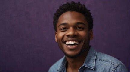 young black african man on plain bright purple background laughing hysterically looking at camera background banner template ad marketing concept from Generative AI