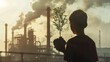 © Annawet boongurd - world environment day. earth day. The boy had a tree in both his palms between his chest. Behind is an industrial factory.