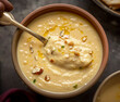 Rabdi, a rich and creamy Indian dessert made by reducing milk and sweetening it with sugar, flavored with cardamom and garnished with nuts