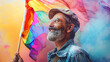 Happy mature gay man carrying rainbow flag at pride parade. Senior male smiling celebrating pride month. Candid elderly pensioner at LGBTQ+ festival. Inclusive concept banner. Diversity & inclusion