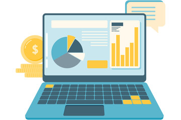 Poster - laptop with graph and charts, laptop displays infographic