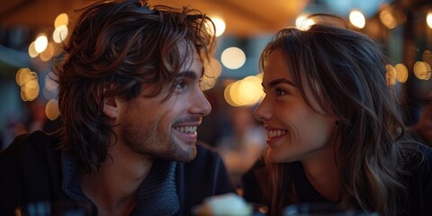 Wall Mural - A romantic couple enjoys an evening on the patio, sharing smiles, drinks, and affection.