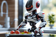 Robot cooking food at home, helper chef on kitchen future. Artificial intelligence technology robot cook, future lifestyle