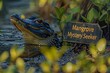 a curious crocodile peeking out from behind a tangle of mangroves, its sign reading 