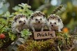 trio of quirky hedgehogs gathered around a tiny sign that reads 