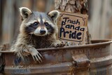 Fototapeta  - mischievous raccoon peeking out from behind a trash can, clutching a sign that says 
