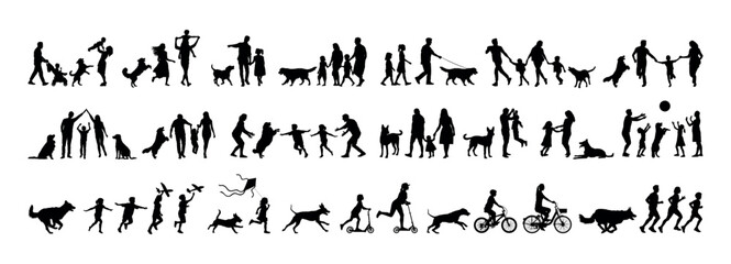 group people all ages activities with dogs vector silhouette set collection.