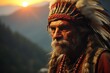 an american indian standing in the warm glow of a red sunset, with ample space for adding text