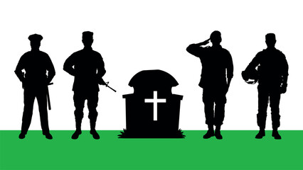 Soldiers giving salute to respect in military cemetery grave black silhouette. Tribute respects to patriotic veteran war fallen military service members national cemetery vector silhouette.