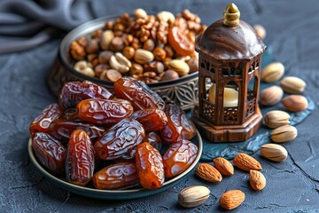 Wall Mural - Ramadan Kareem Muslim food. Trays of dates and nuts, wooden lantern in form of mosque on dark blue table. 