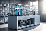 Fototapeta  - Equipment for electrolysis in chemical laboratory. Reagents and device for supplying current on laboratory table for experiments. Assembly and various conical flasks and test tubes in the interior