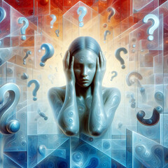 Wall Mural - tired woman surrounded by question marks