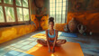 Young sporty attractive woman practicing yoga, doing Ardha Padmasana exercise, meditating in Half Lotus pose with mudra gesture, working out, wearing sportswear, indoor full length, yoga studio