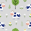 Seamless pattern with cute cow and flowers for your fabric, children textile, apparel, nursery decoration, gift wrap paper, baby's shirt. Vector illustration