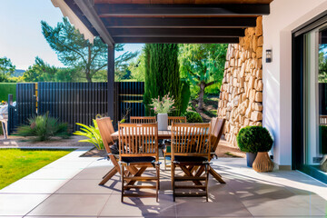 Chairs and table arranged in patio outside house.