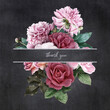 Floral card with copy space. Pink peony and red roses on dark textured grange background. Bouquet of garden flowers.