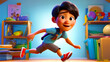 3D render of a child running and jumping in the air on a beautiful indoor background