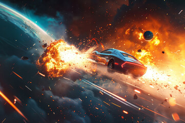 Wall Mural - A car is flying through space and crashing into a planet