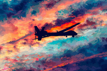 Wall Mural - A small airplane is flying through a colorful sky